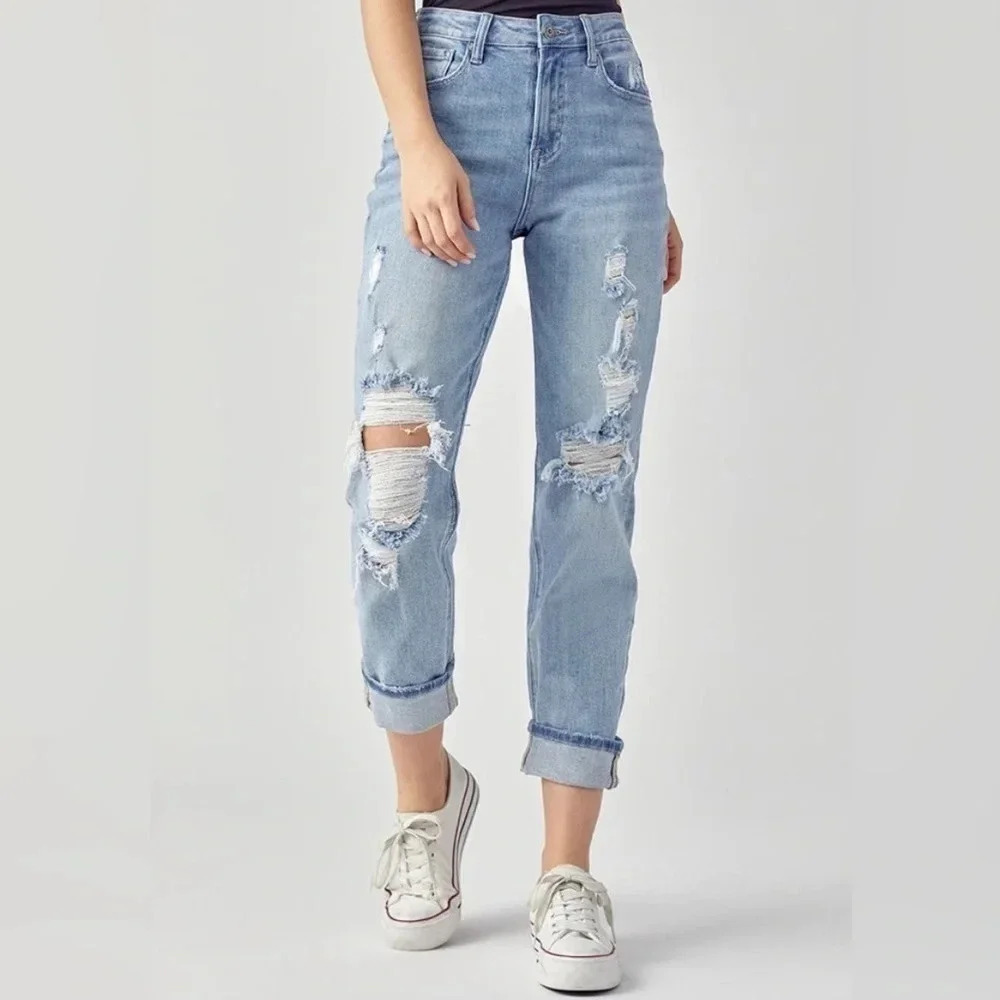 NWT RISEN Distressed High-Rise Plus Size Boyfriend Jeans